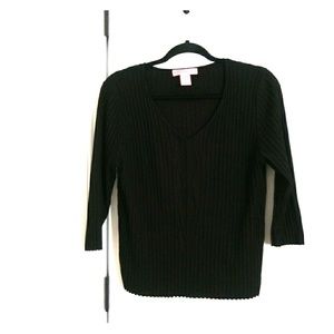 BANDOLINO Black Ribbed V-Neck Long Sleeve Lightweight Sweater